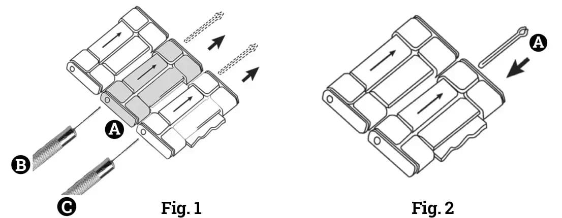 Diagram showing how to adjust the length of a watch bracelet with a arrow pins